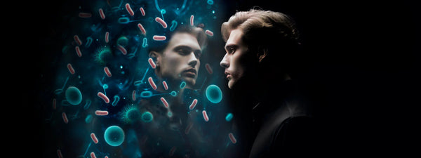 Illustration of a person exercising with visible gut microbiome diversity representation showing the microbiome-exercise connection