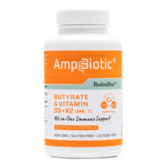 AmpBiotic bottle front label with Vitamin D3 K2 and butyrate softgels