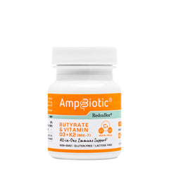 AmpBiotic bottle front label with Vitamin D3 K2 and butyrate softgels
